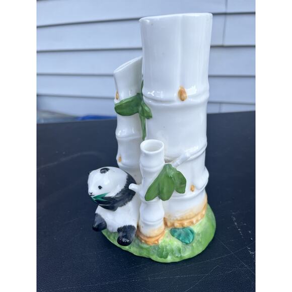 Bone China Panda Bear Bamboo Trees Lucky Bamboo Vase Three Hole Planter Vase VTG - Picture 9 of 13